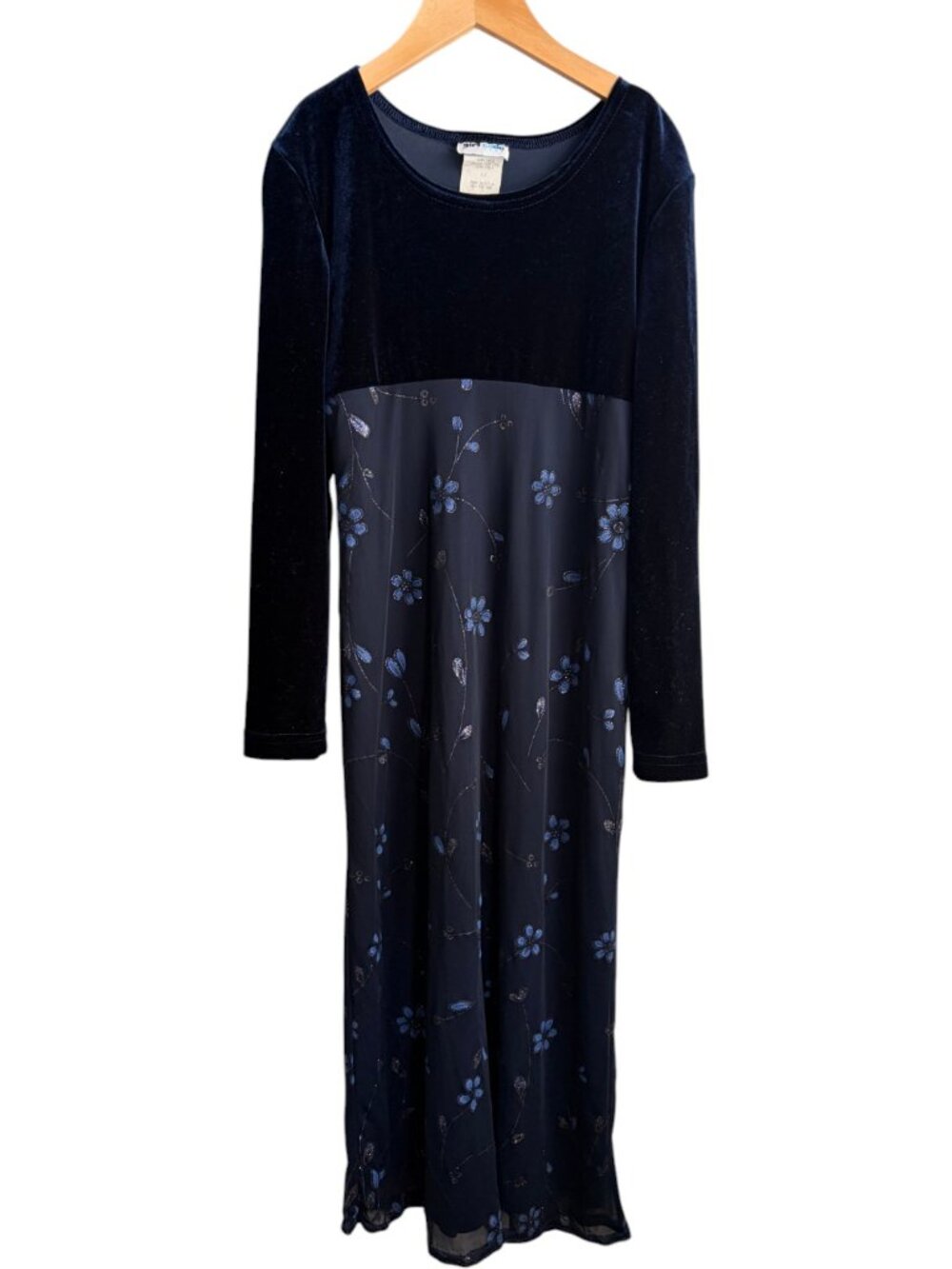 Vintage 90s Girl Code Navy Blue Velvet Floral Maxi Dress Size 12 whimsigoth
